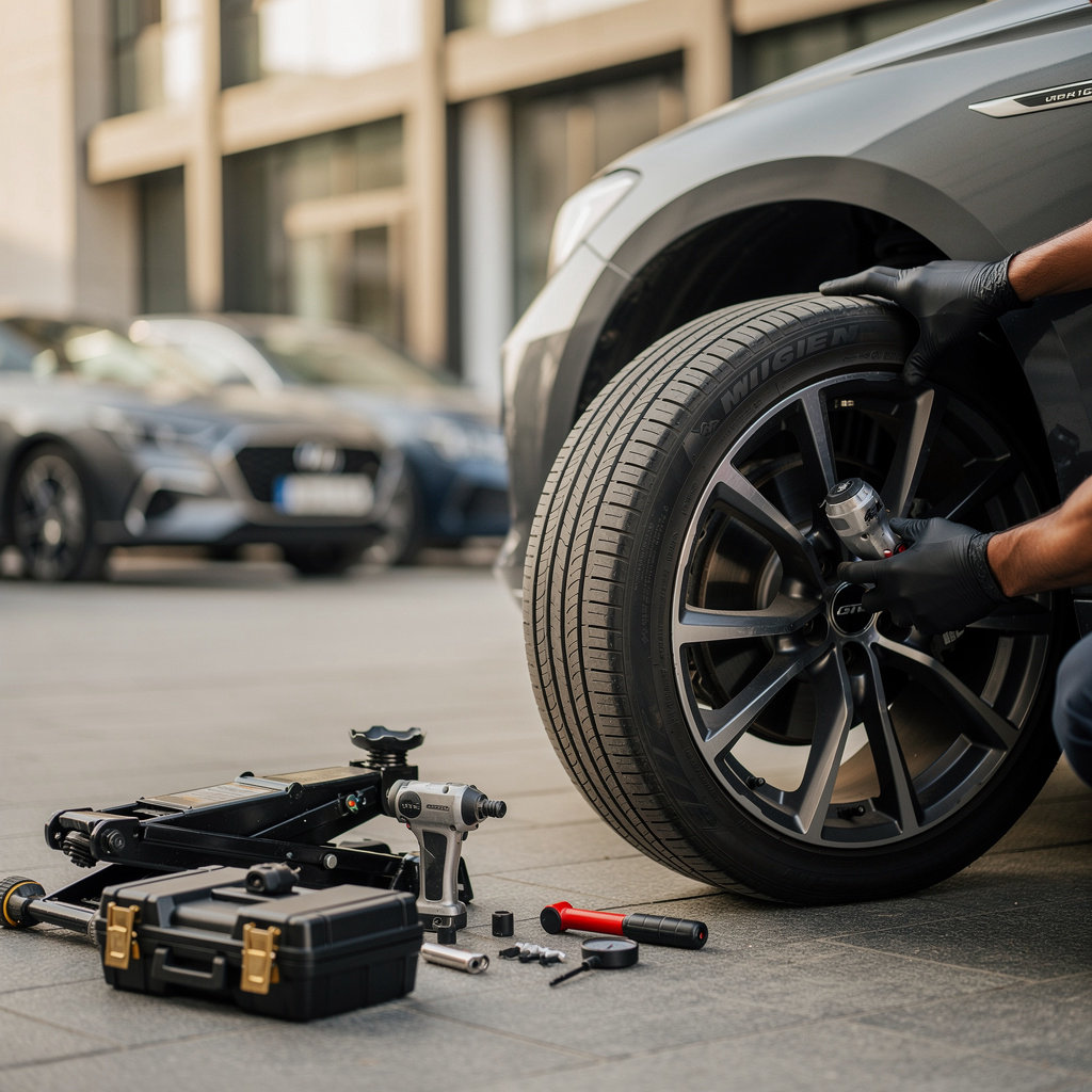 Platinum Plus Garage mobile tire service technician providing on-site car repair in Doha